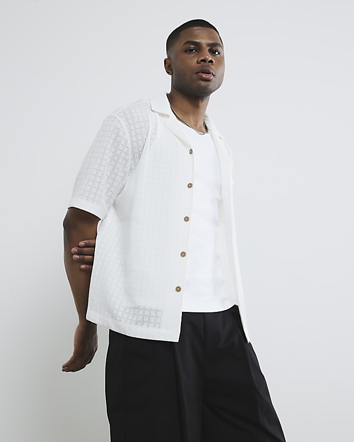 White Short Sleeve Grid Textured Shirt