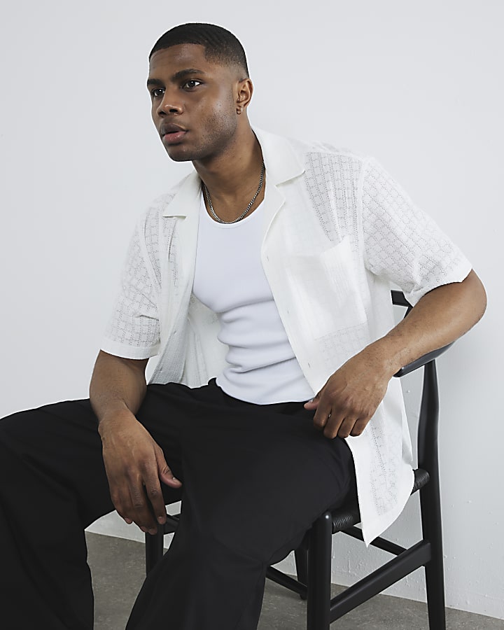 White Short Sleeve Grid Textured Shirt