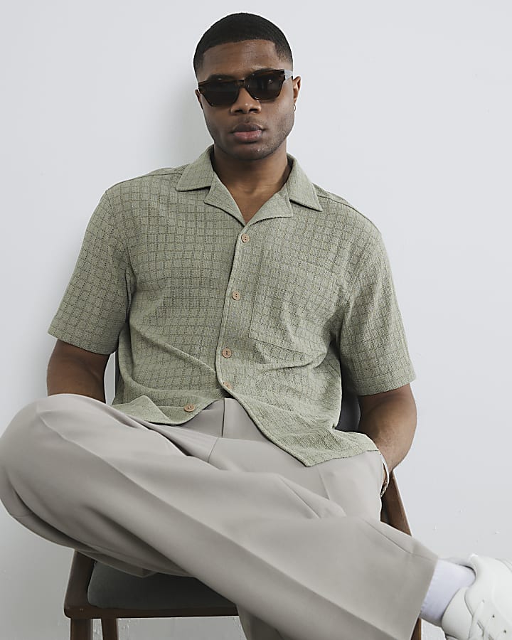 Khaki Short Sleeve Grid Textured Shirt