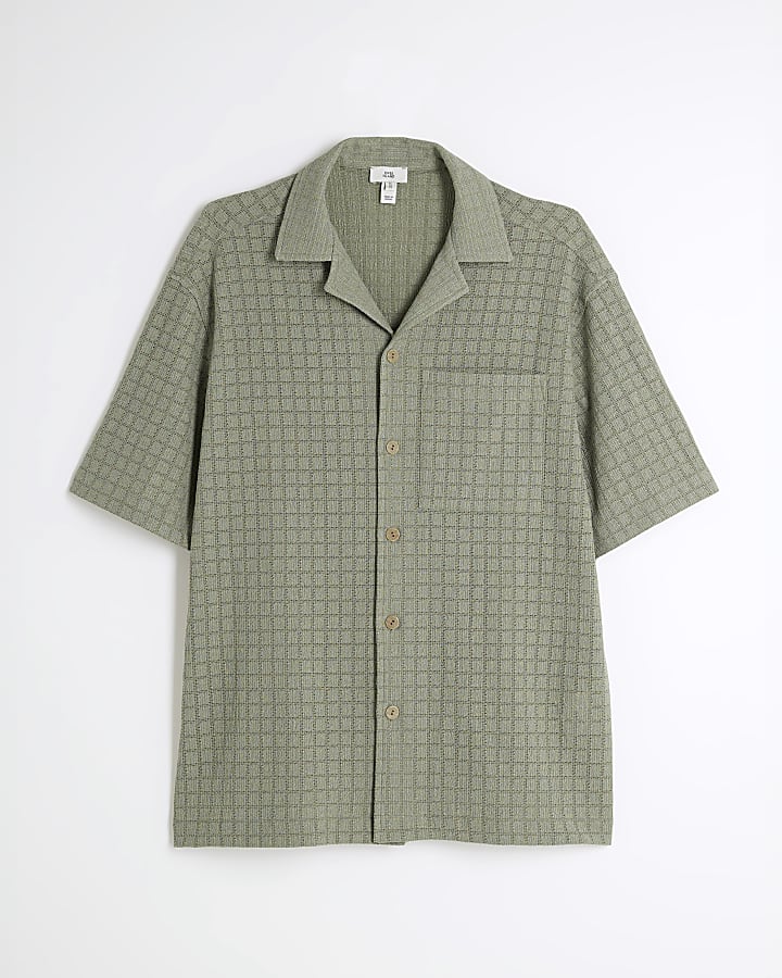 Khaki Short Sleeve Grid Textured Shirt