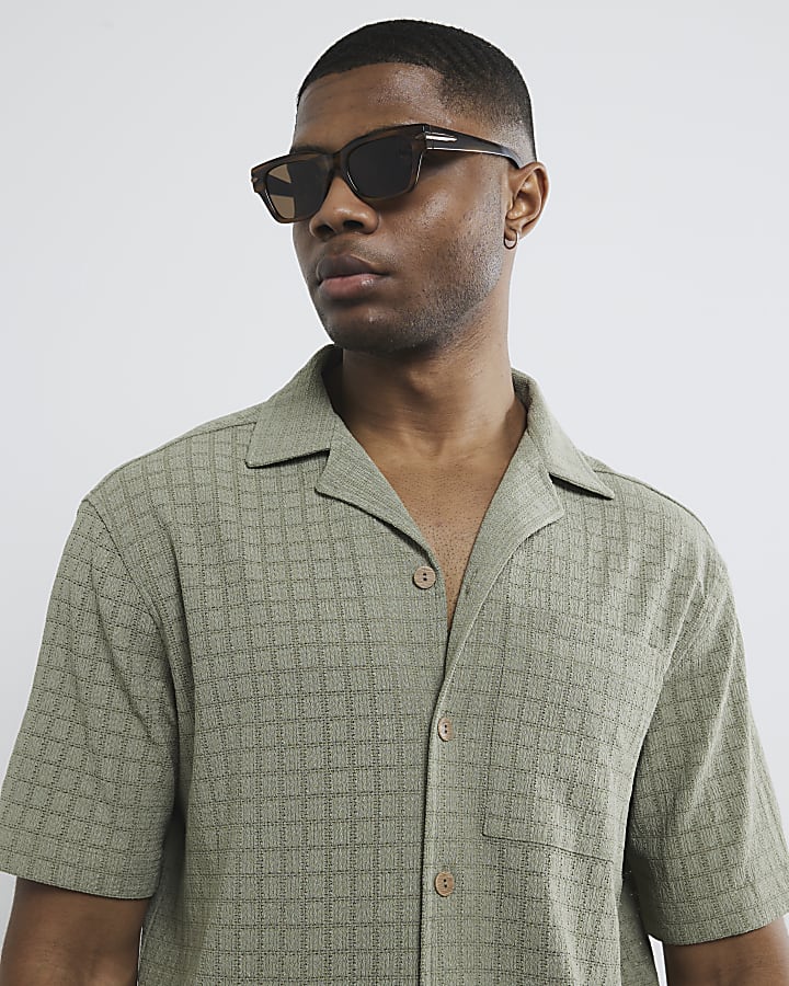 Khaki Short Sleeve Grid Textured Shirt