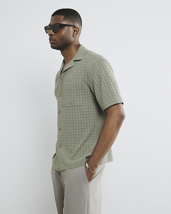 Khaki Short Sleeve Grid Textured Shirt