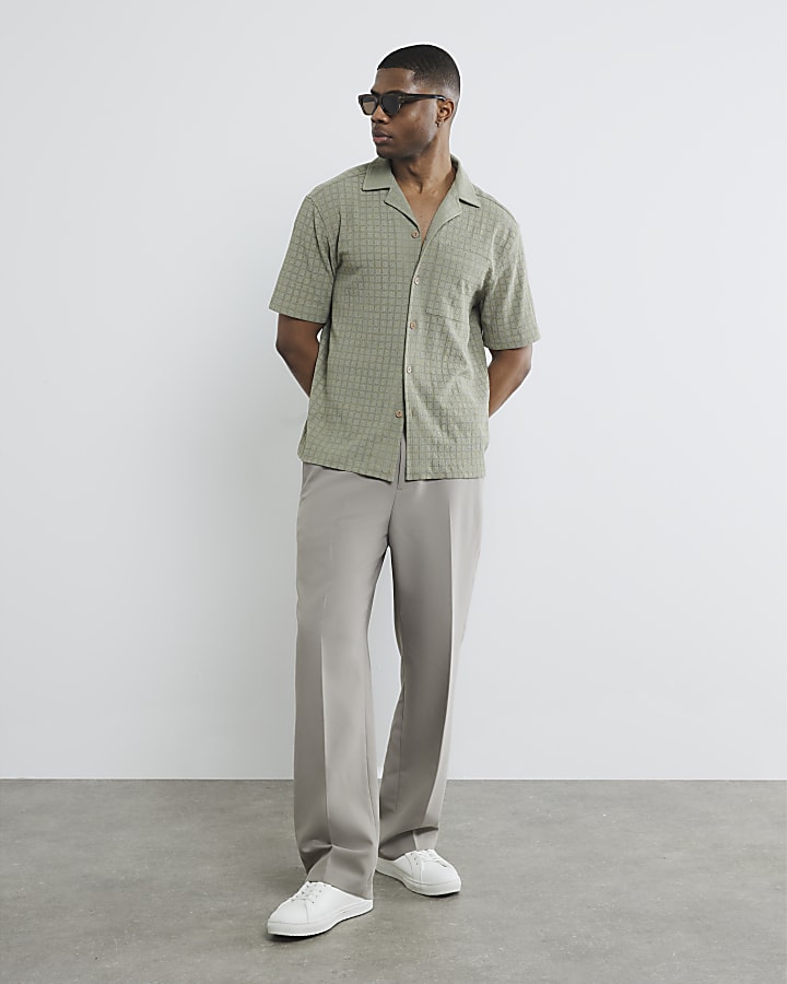 Khaki Short Sleeve Grid Textured Shirt