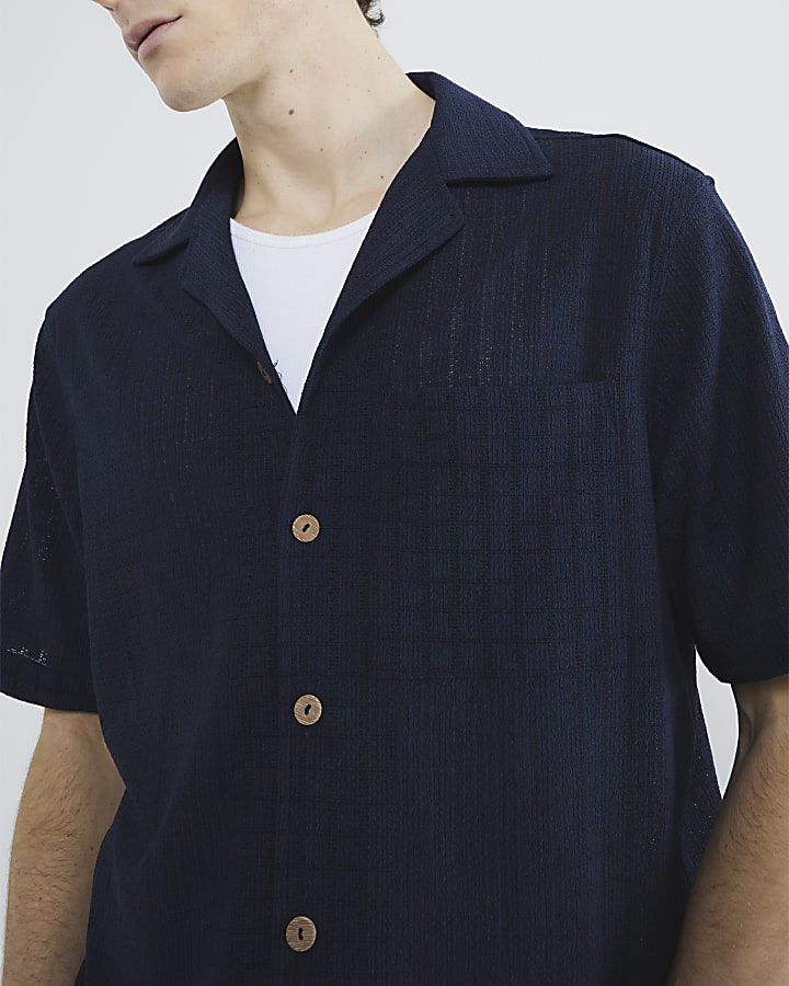 Navy Short Sleeve Grid Textured Shirt