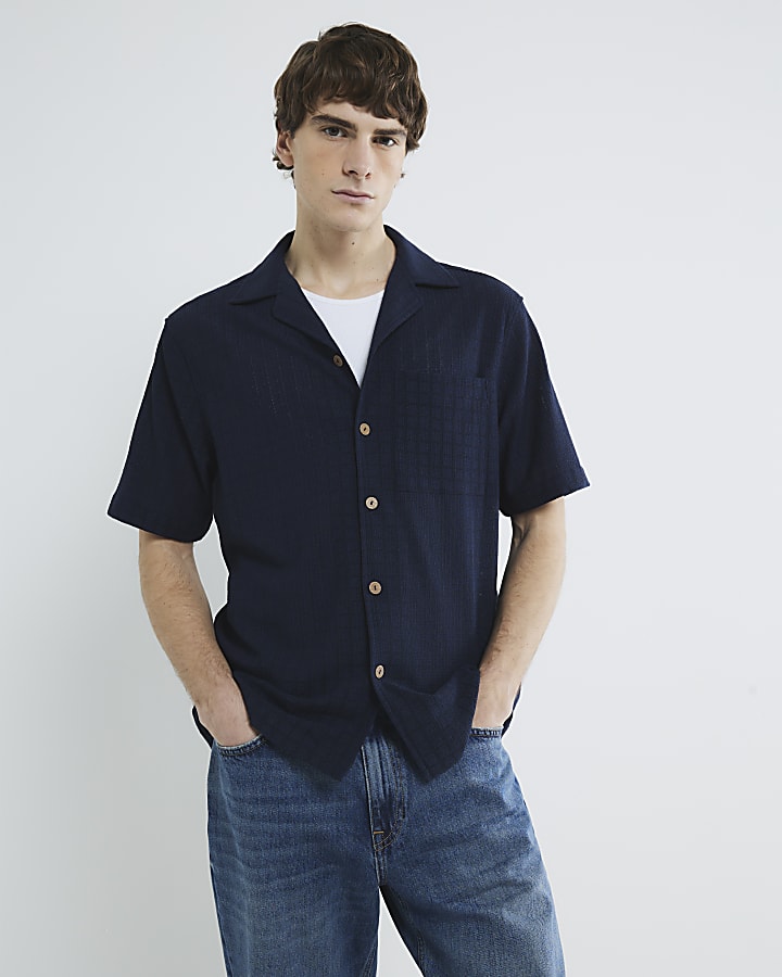 Navy Short Sleeve Grid Textured Shirt