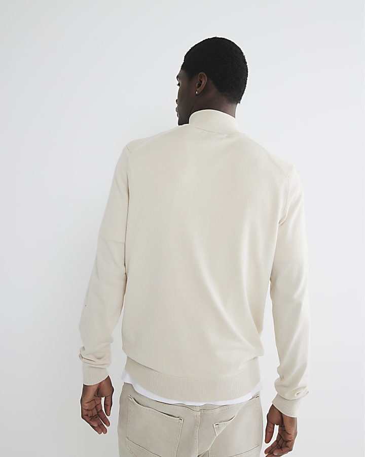 Beige Slim Fit Viscose Half Zip Jumper