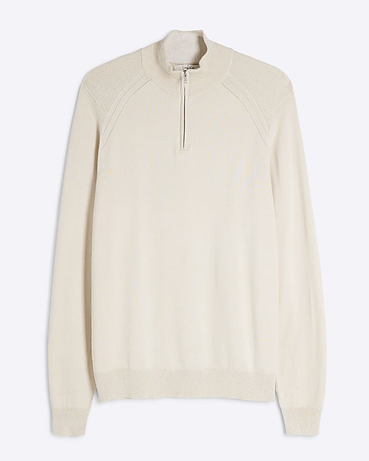 Beige Slim Fit Viscose Half Zip Jumper