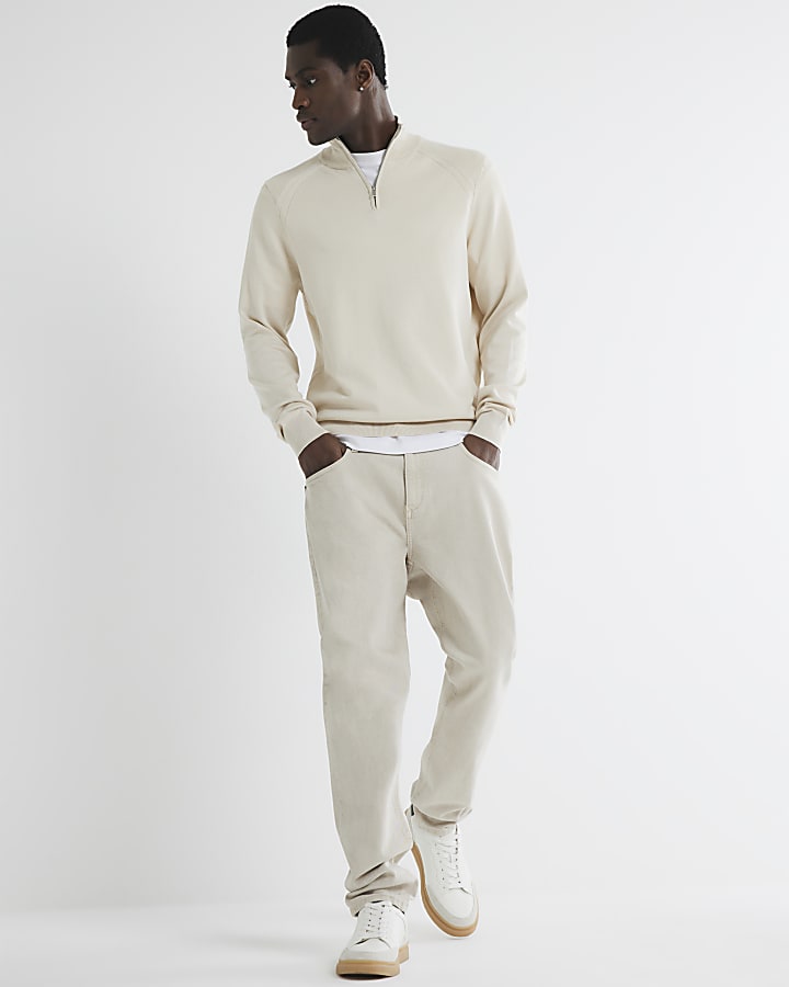 Beige Slim Fit Viscose Half Zip Jumper