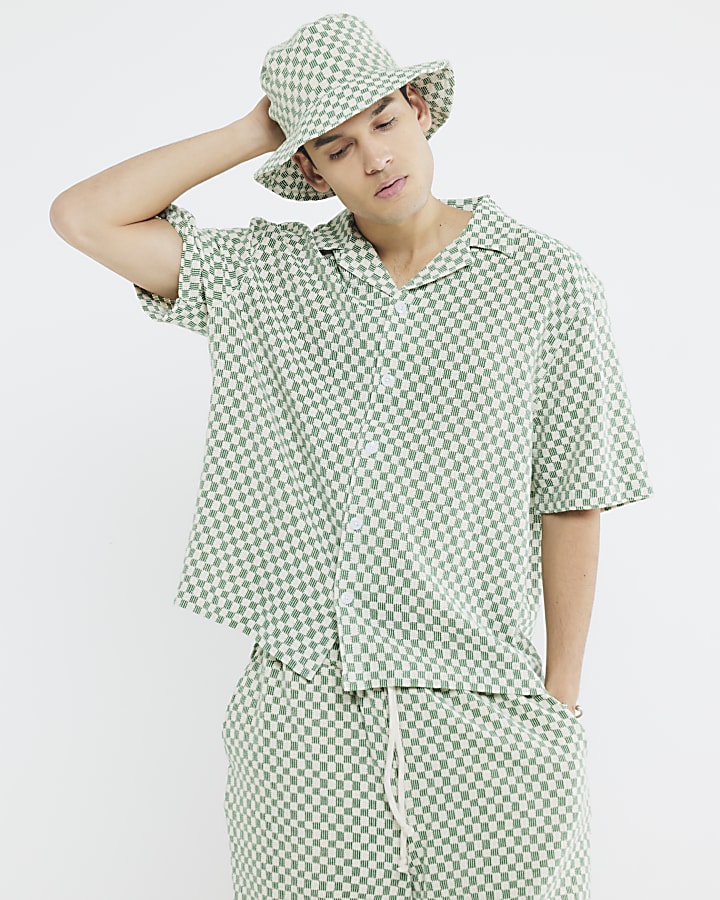 Green Boxy Fit Checkerboard Crochet Shirt