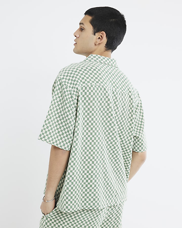 Green Boxy Fit Checkerboard Crochet Shirt