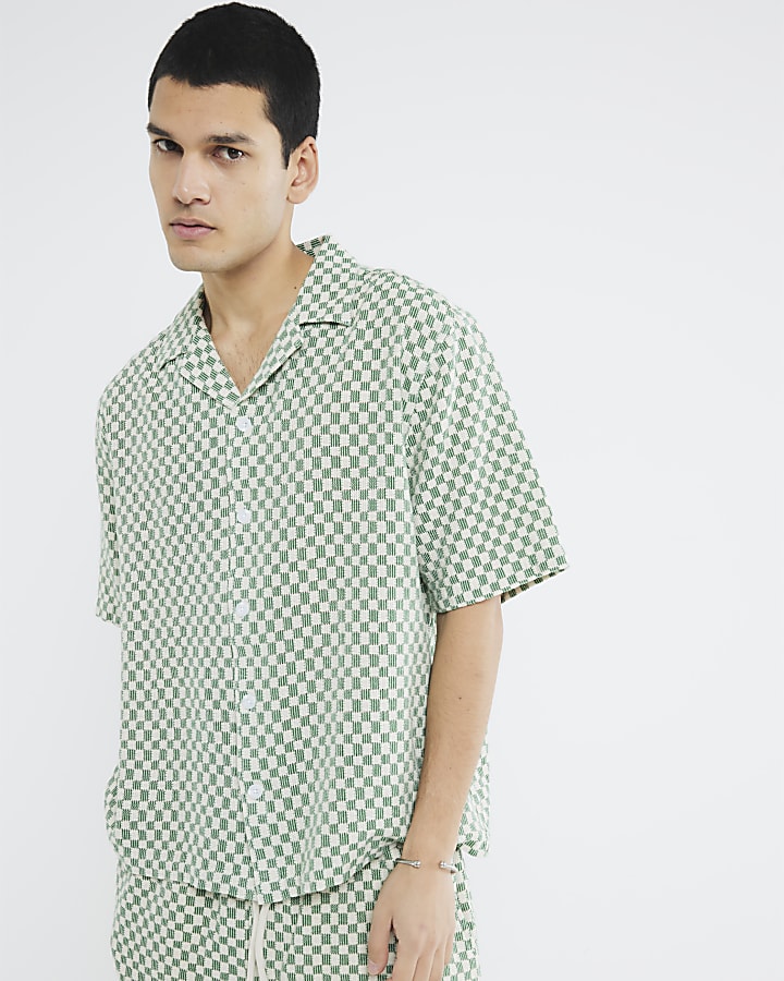 Green Boxy Fit Checkerboard Crochet Shirt