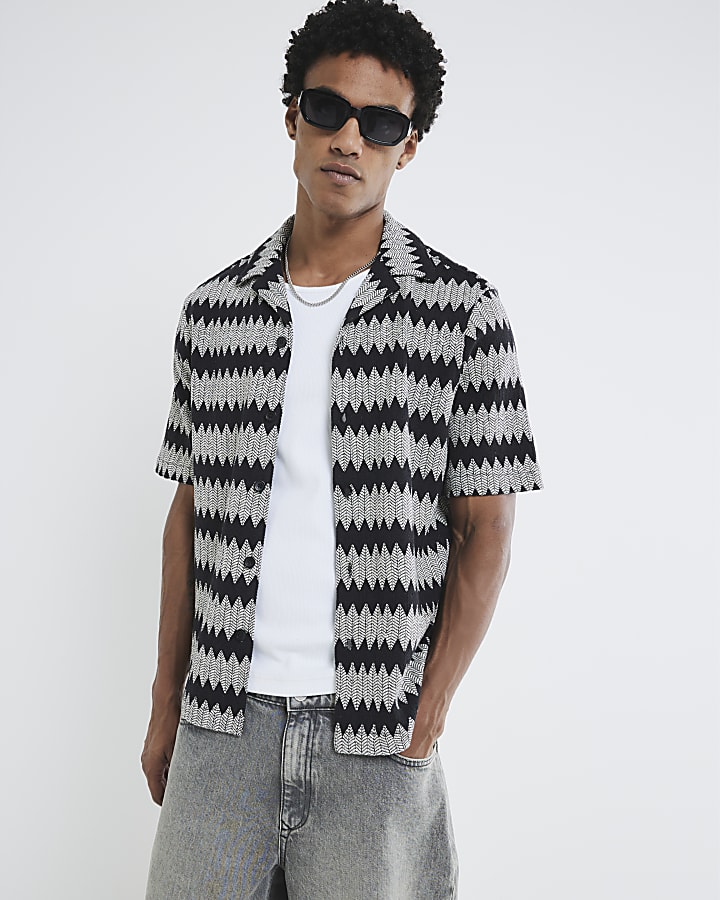 Black Regular Fit Leaf Crochet Shirt