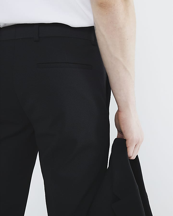 Black Skinny Fit Waffle Suit Trousers