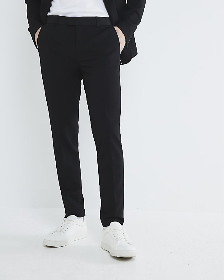 Black Skinny Fit Waffle Suit Trousers