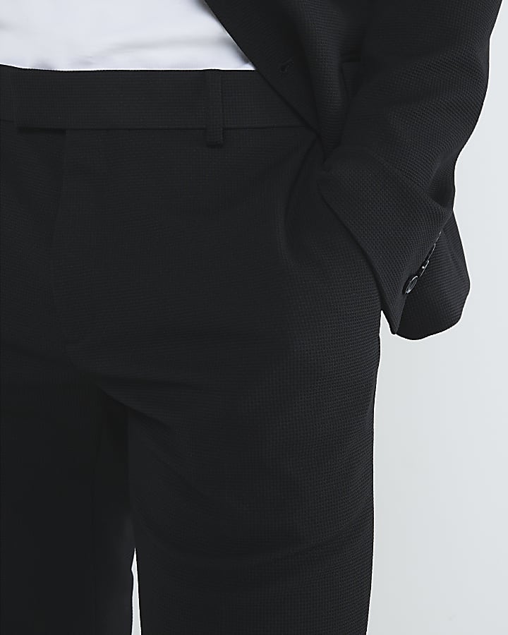 Black Skinny Fit Waffle Suit Trousers