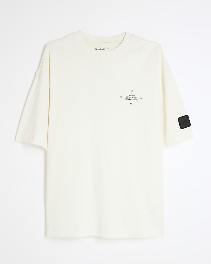 Beige Patch Short Sleeve Graphic T-Shirt