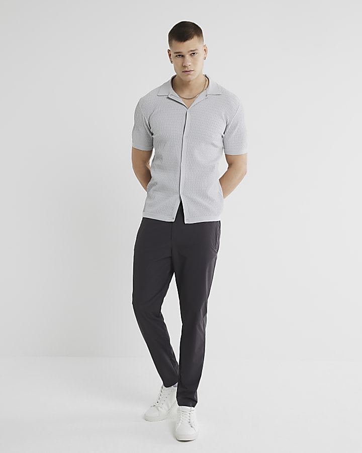 Grey muscle fit brick pointelle shirt