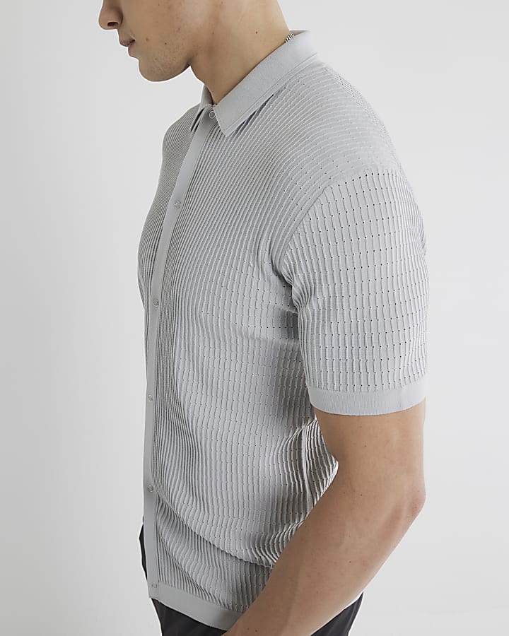 Grey muscle fit brick pointelle shirt