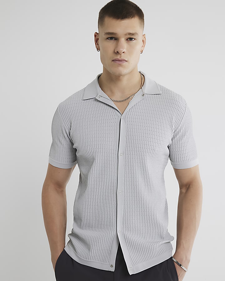 Grey muscle fit brick pointelle shirt