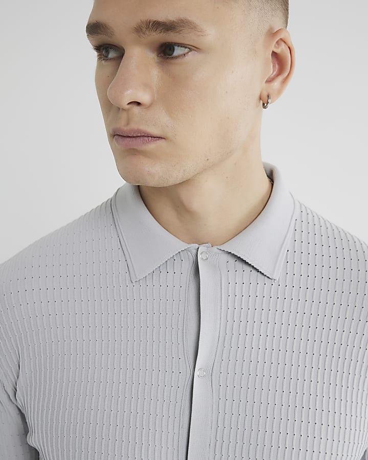 Grey muscle fit brick pointelle shirt