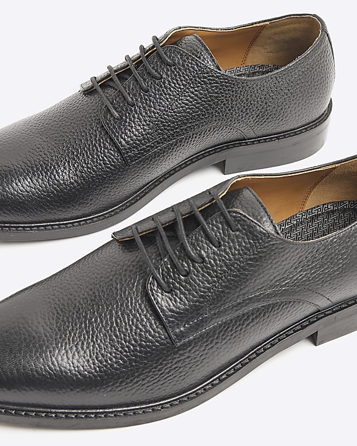 Black Leather Textured Derby Shoes