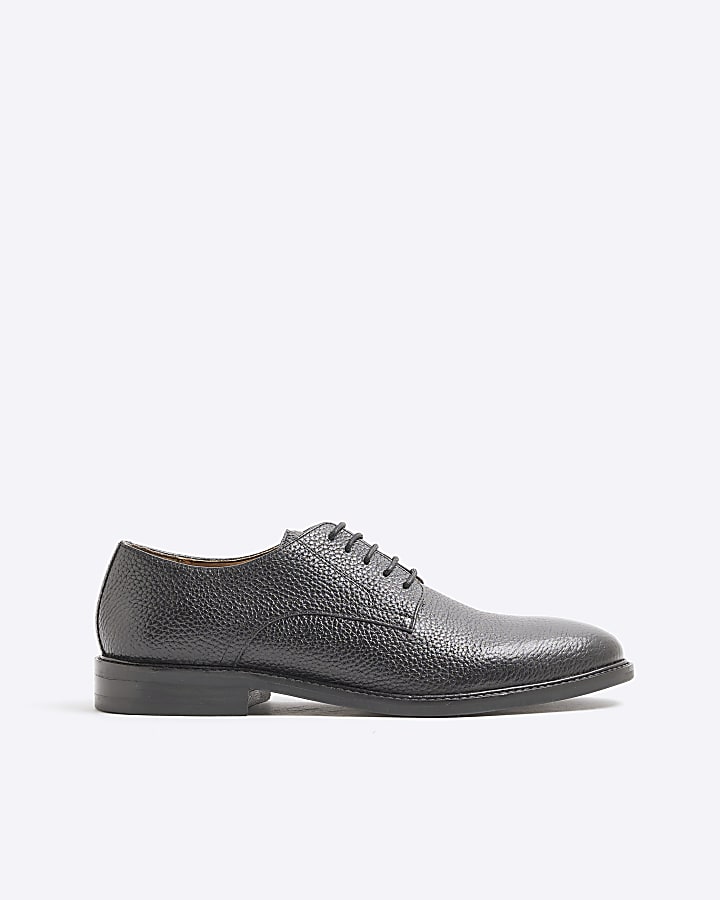 Black Leather Textured Derby Shoes