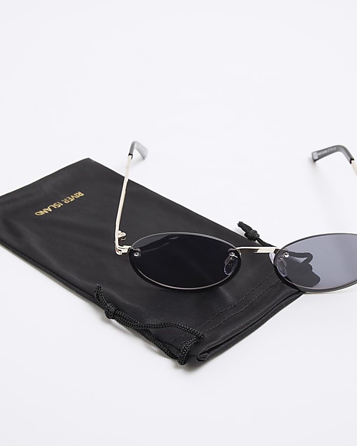 Black Rimless Metal Oval Sunglasses