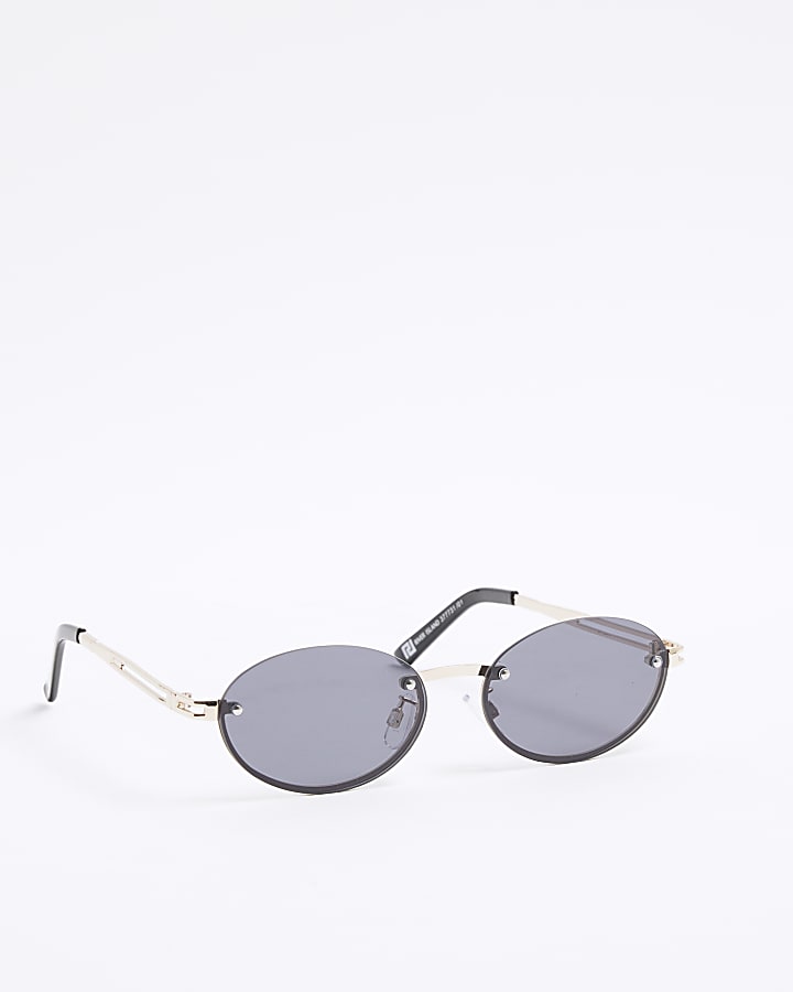 Black Rimless Metal Oval Sunglasses