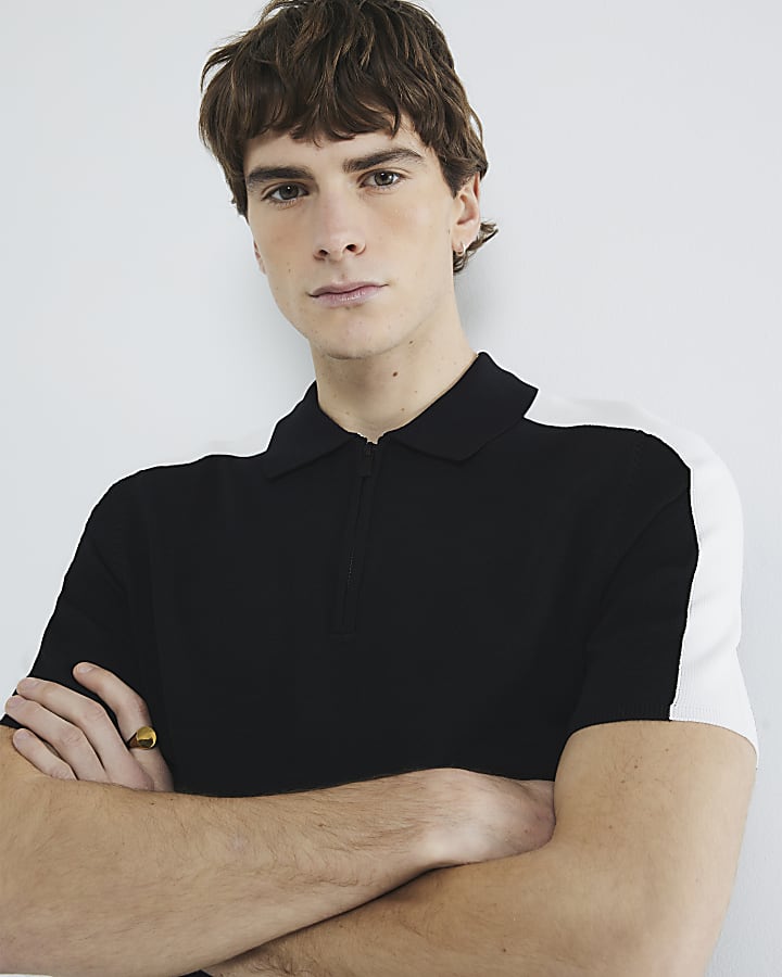 Black Short Sleeve Colour Blocked Polo Shirt