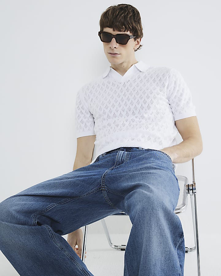 White Textured Open Collar Polo Shirt