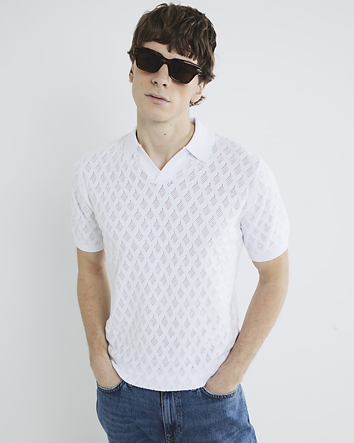 White Textured Open Collar Polo Shirt