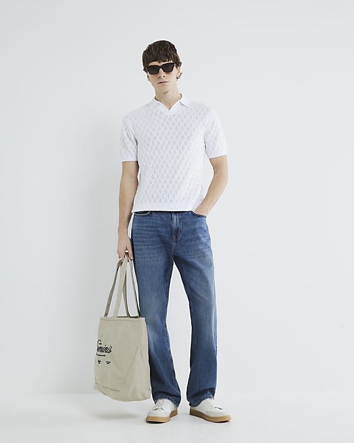 White Textured Open Collar Polo Shirt