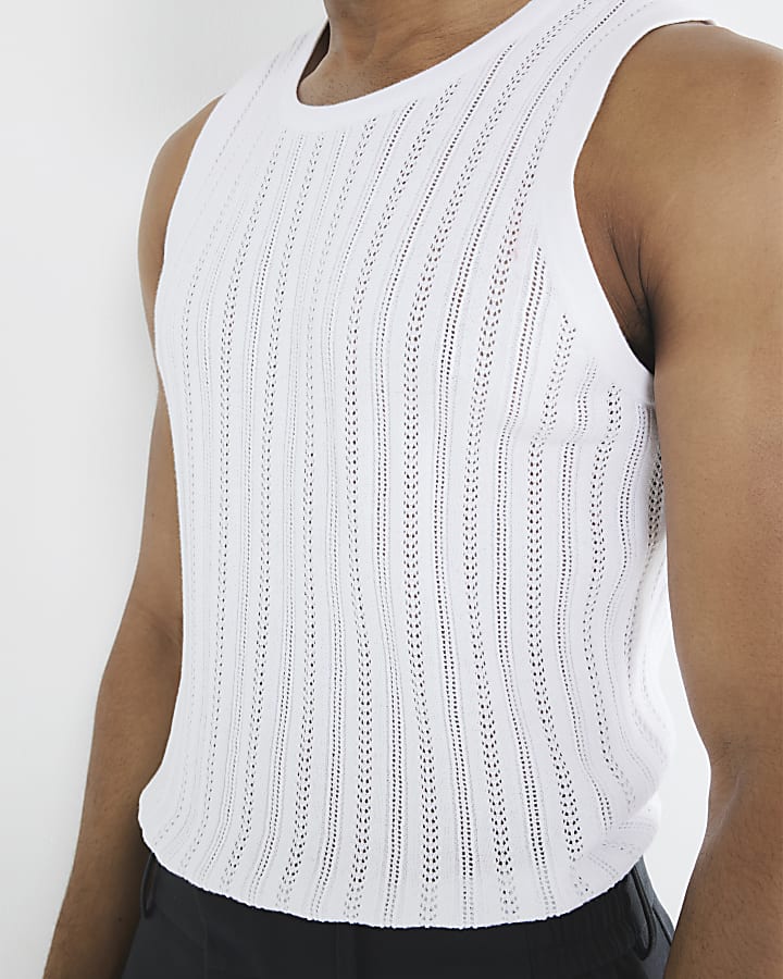 White Muscle Fit Textured Tank Top