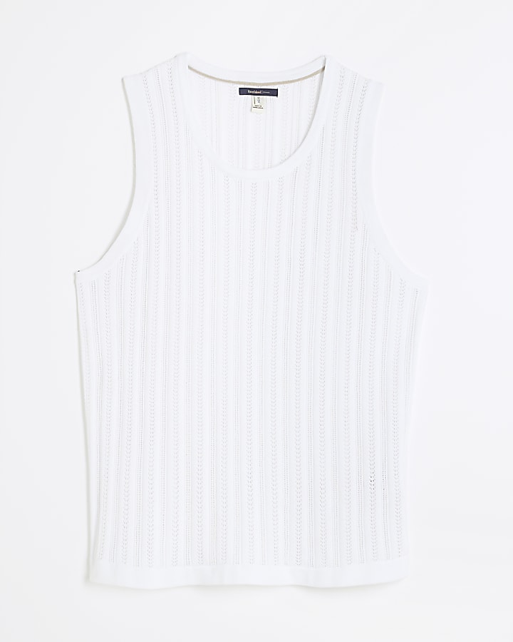 White Muscle Fit Textured Tank Top