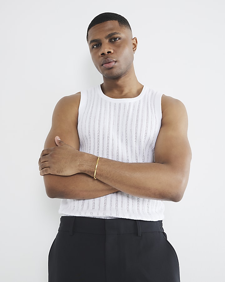 White Muscle Fit Textured Tank Top