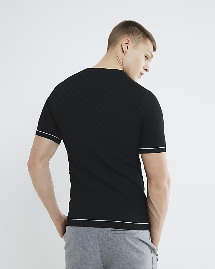 Black Muscle Fit Checkerboard T-Shirt