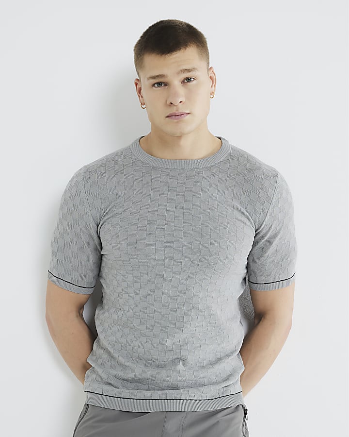 Grey Muscle Fit Checkerboard T-Shirt