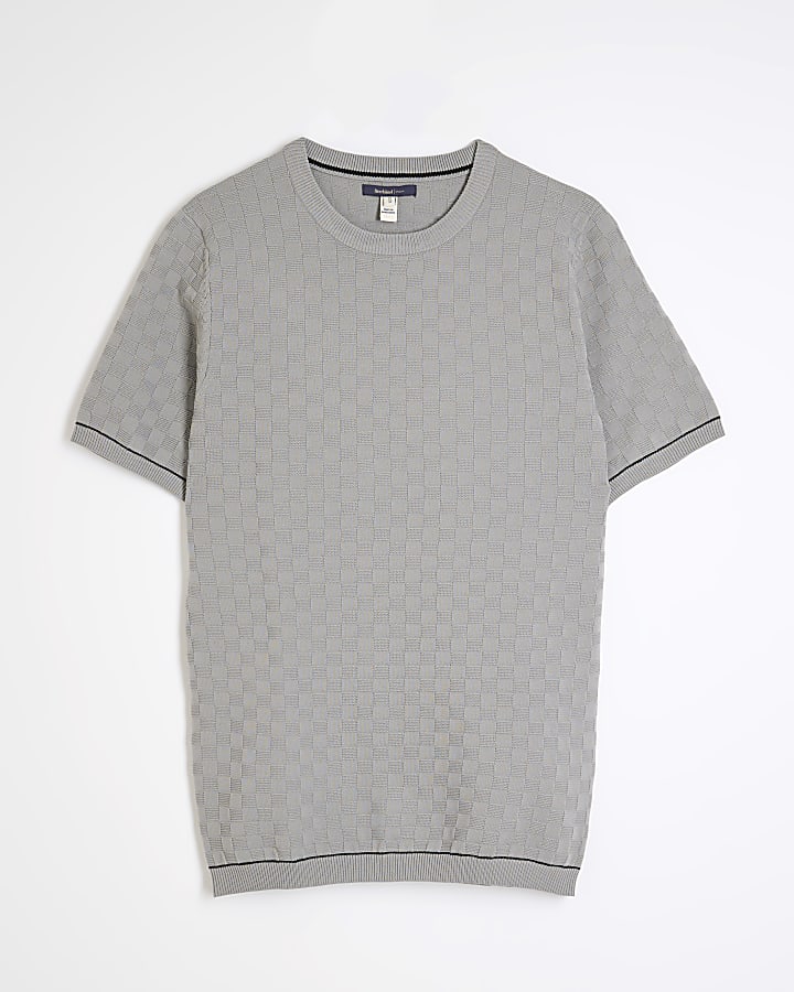 Grey Muscle Fit Checkerboard T-Shirt