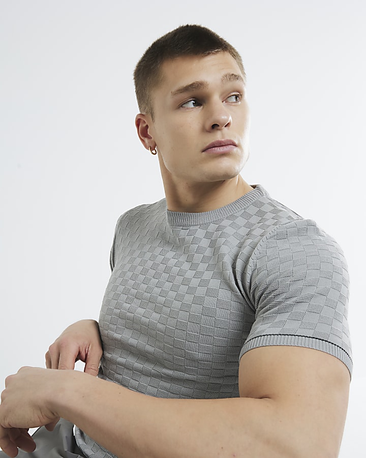 Grey Muscle Fit Checkerboard T-Shirt