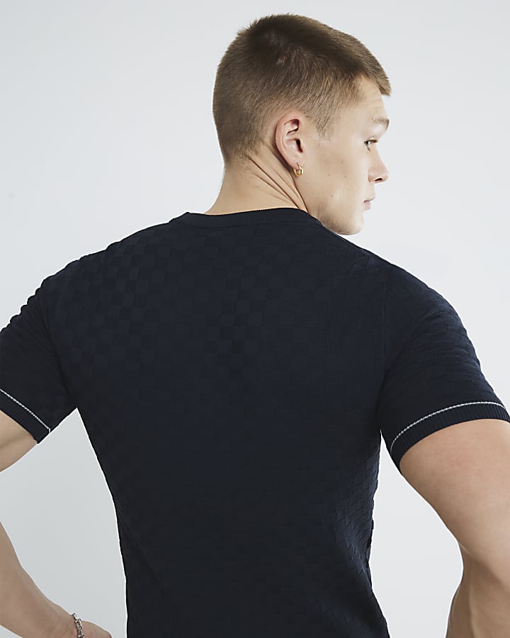 Navy Muscle Fit Checkerboard T-Shirt