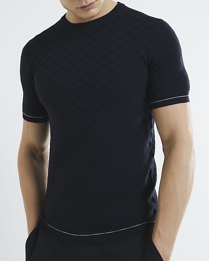 Navy Muscle Fit Checkerboard T-Shirt