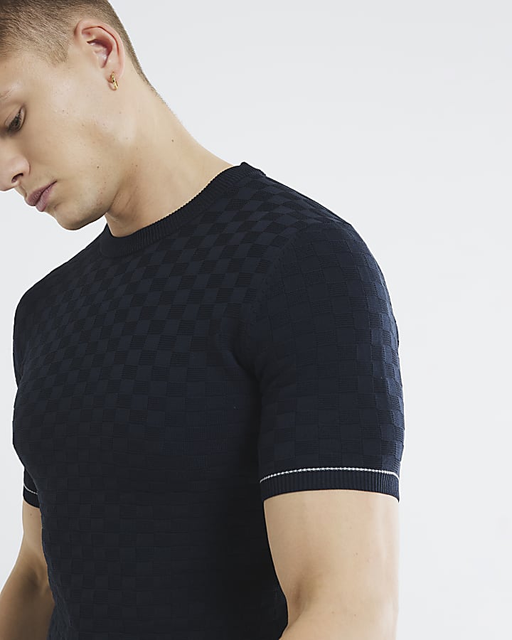 Navy Muscle Fit Checkerboard T-Shirt