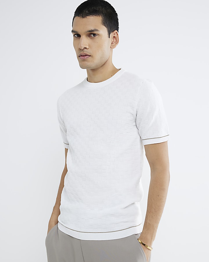 White Muscle Fit Checkerboard T-Shirt