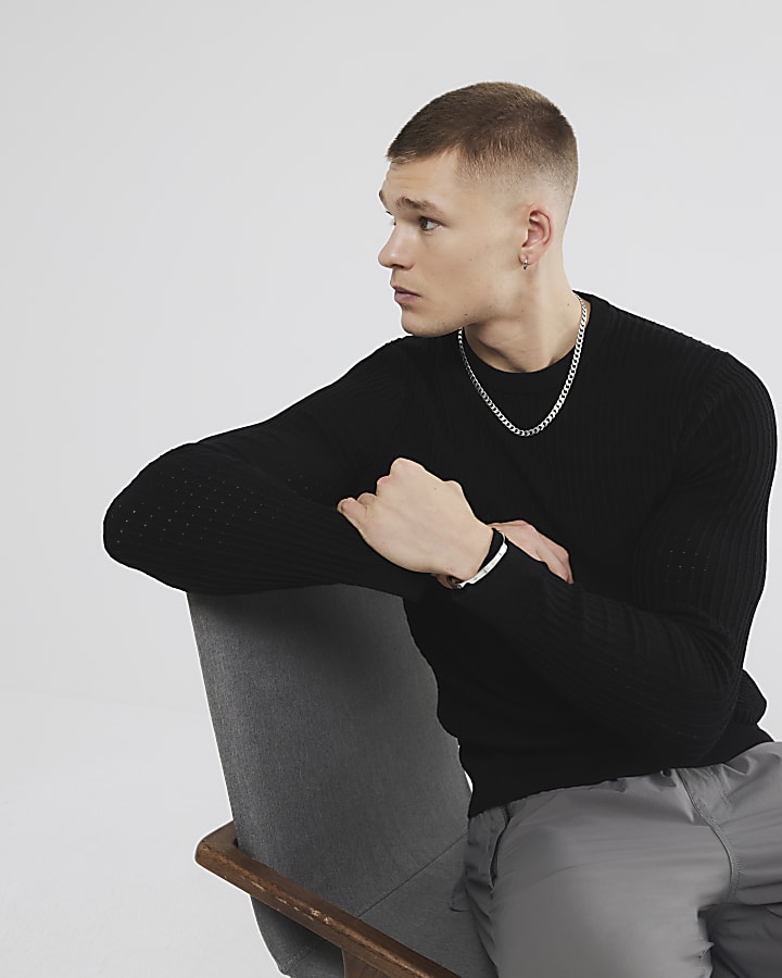 Black Muscle Fit Textured Jumper