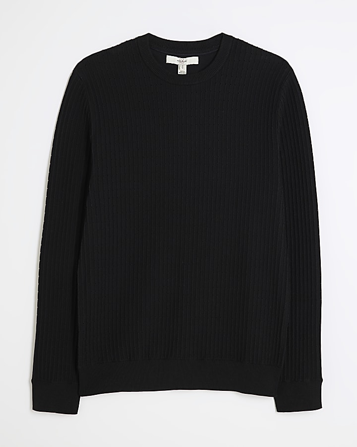 Black Muscle Fit Textured Jumper