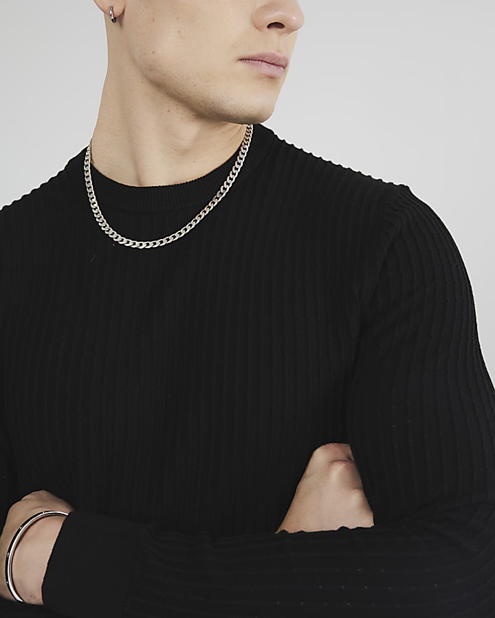 Black Muscle Fit Textured Jumper