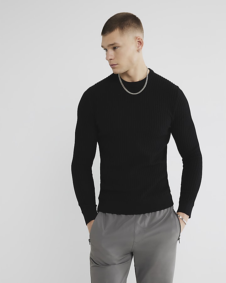 Black Muscle Fit Textured Jumper