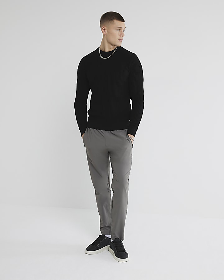 Black Muscle Fit Textured Jumper