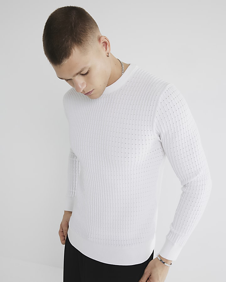 White Muscle Fit Textured Jumper