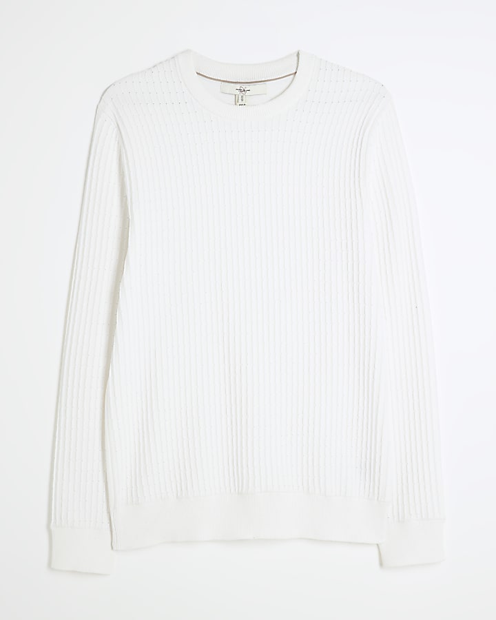 White Muscle Fit Textured Jumper